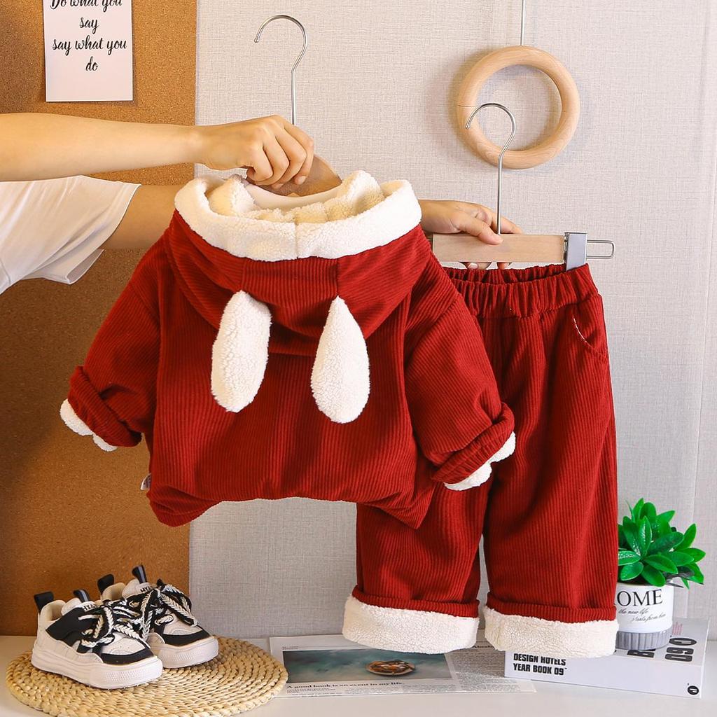 Boys' long sleeved 3-piece set, Children's plush thick cotton suit set, Cute clothes for boys aged 0-5