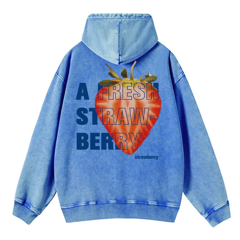 Autumn Winter Woman Acid Wash Hoodies A Fresh Strawberey Prints Sweatshirts Oversize Pocket Cotton Hooded Clothes