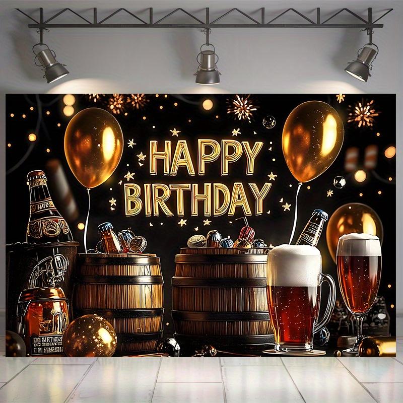 1 golden birthday beer themed party banner including balloons beer barrels and flashlights ss