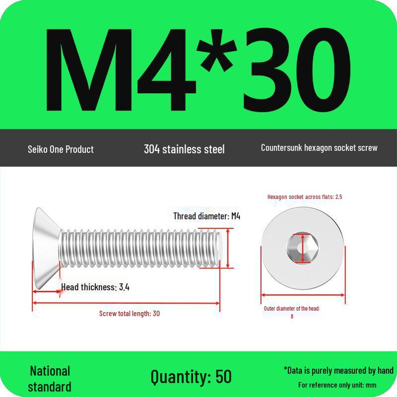 M2-M10 Stainless Steel Flat Head Machine Screws and Bolts Set, Countersunk Hex Socket Cap, 304 Grade.