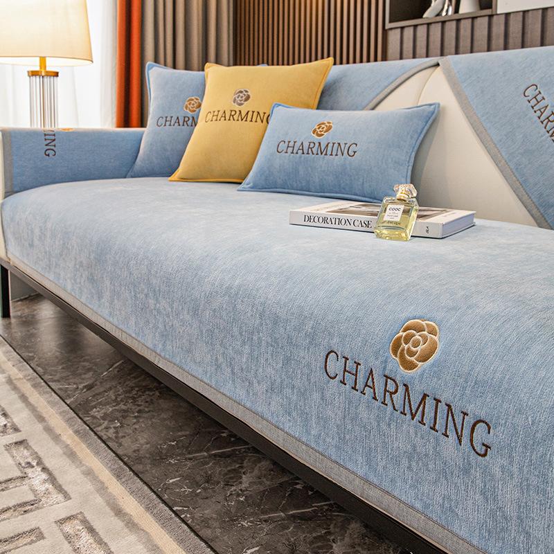 Rose Embroidery Sofa Cover Luxury Chenille Corner Sofa Towel Anti-slip Cat Scratch Protection Pad Couch Cushions Living Room