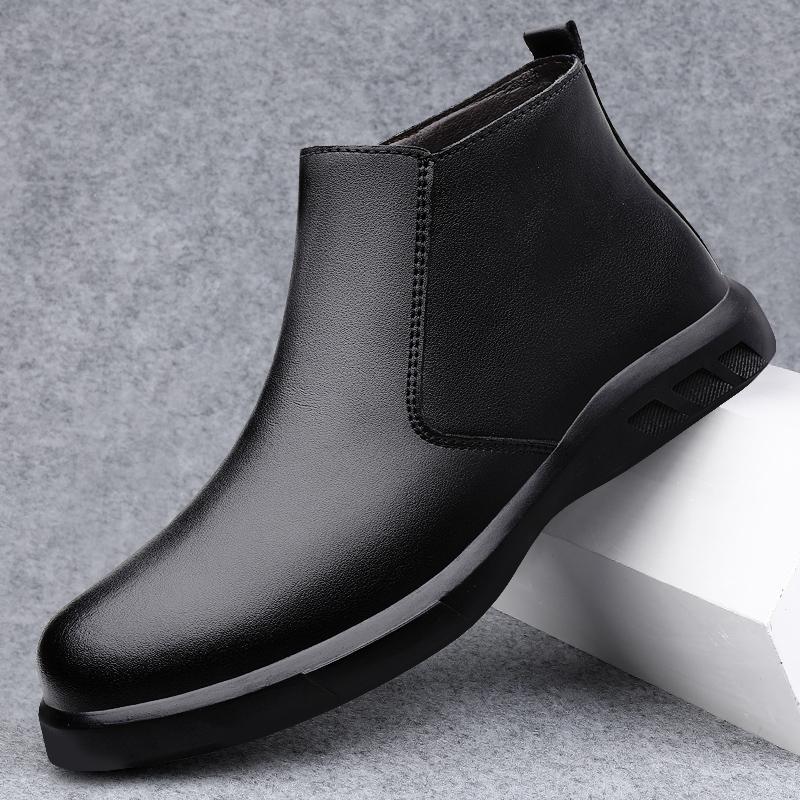 Fashion Genuine Leather Mens Chelsea Boots Comfortable Ankle Boots Fashion Winter Plush Snow Botas Outdoor High Top Shoes Business Boots