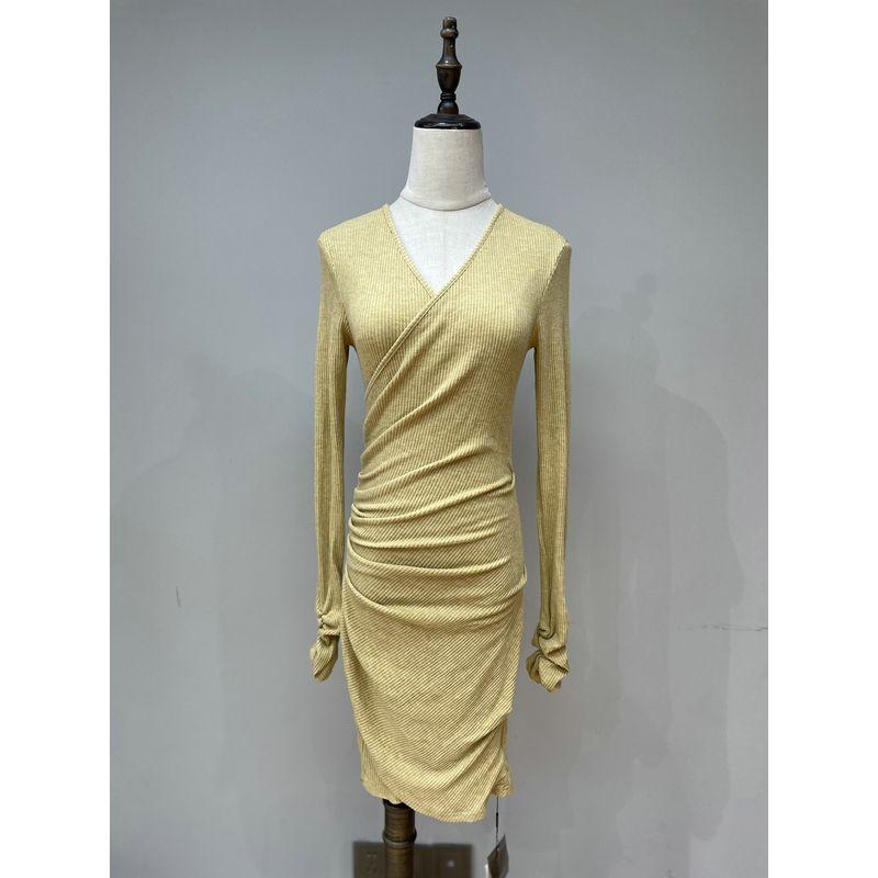 2024 Winter New Arrival Show Figure Adult Lady Like Woman Sense Cross Ruched Design V-neck Knitting Hip Bag Dress
