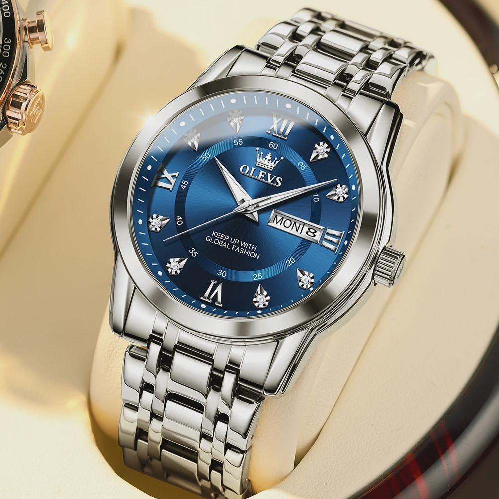 OLEVS Men's Watch Dual Calendar Display Waterproof Luminous Original Luxury Diamond Watch Fashion Men's Watch