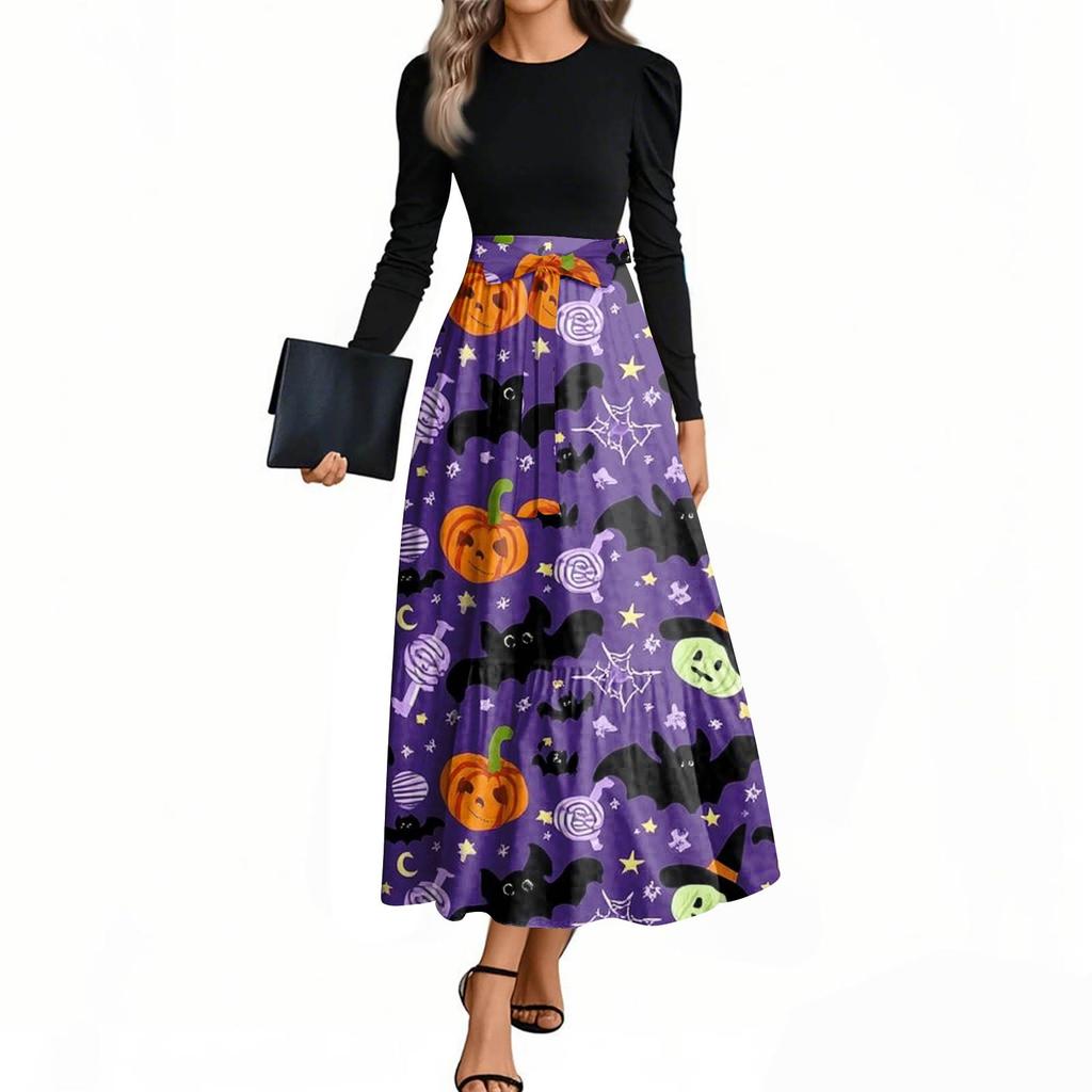 Women's Fashion Casual Belted Long Sleeve Round Neck Halloween Printed Elegant Temperament Dresses
