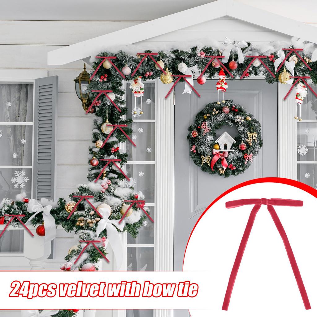 Christmas Tree Bows Red Ribbon Home Decor 24 Pieces Tree Bow Christmas Ornaments For Door Porch Fence Table Mantel Living Room