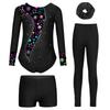 Mädchen Tanz Outfit Langarm Strass Verziert Bedruckt Trikot Shorts Leggings Haargummi Stirnband Gymnastik Auftritt Set