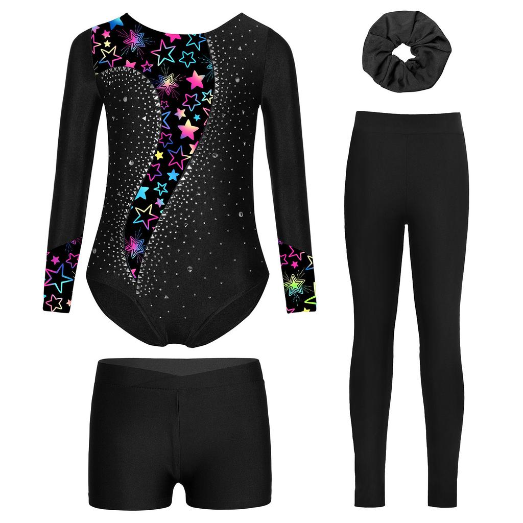 Mädchen Tanz Outfit Langarm Strass Verziert Bedruckt Trikot Shorts Leggings Haargummi Stirnband Gymnastik Auftritt Set