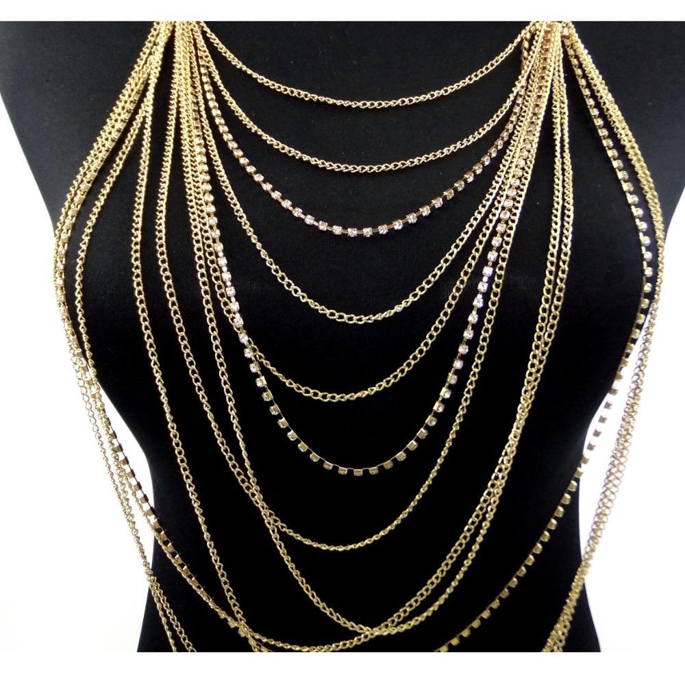 Sexy Übertrieben Goldfarbe Mehrschichtig Quaste Kette Strasssteine Halskette Brustkette für Frauen Körperkette Schmuck Zubehör