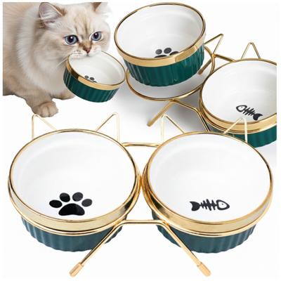 Set of 2 X 300ml Double Bowl for Cat and Dog On a Stand, Ceramic, Gold Ears, PetJet