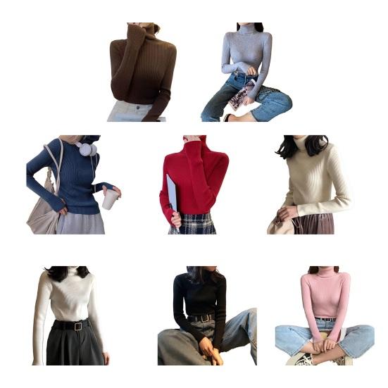 Women Sweater Turtleneck Long Sleeve Slim Fit Knitting Tops Solid Color Soft Elastic Fabric