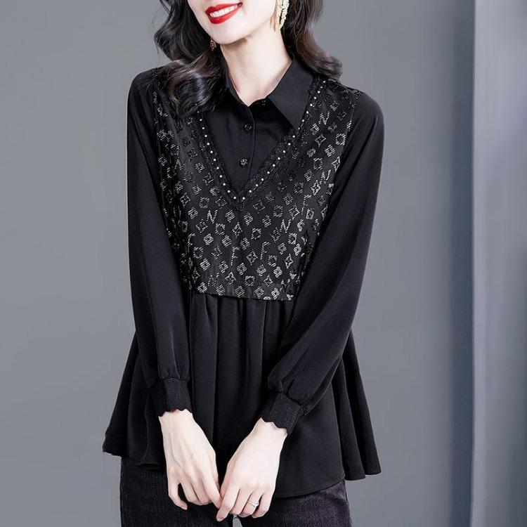 Women Plus Size 4XL Long Sleeve Tops Comfortable Splicing Shirt Autumn Black Female Tops