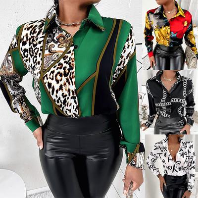 S-XL Damen Bedrucktes Button-Down-Hemd Revershemd Bürodamen Arbeit Langarm Oberteil Frühling Herbst Oberteil