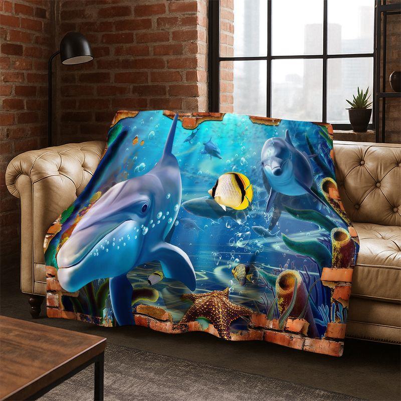 3D Illusion Underwater World Marine Life Shark Dolphin Cartoon Flannel Blanket Throw Blanket for Bedroom Living Room Bed Travel