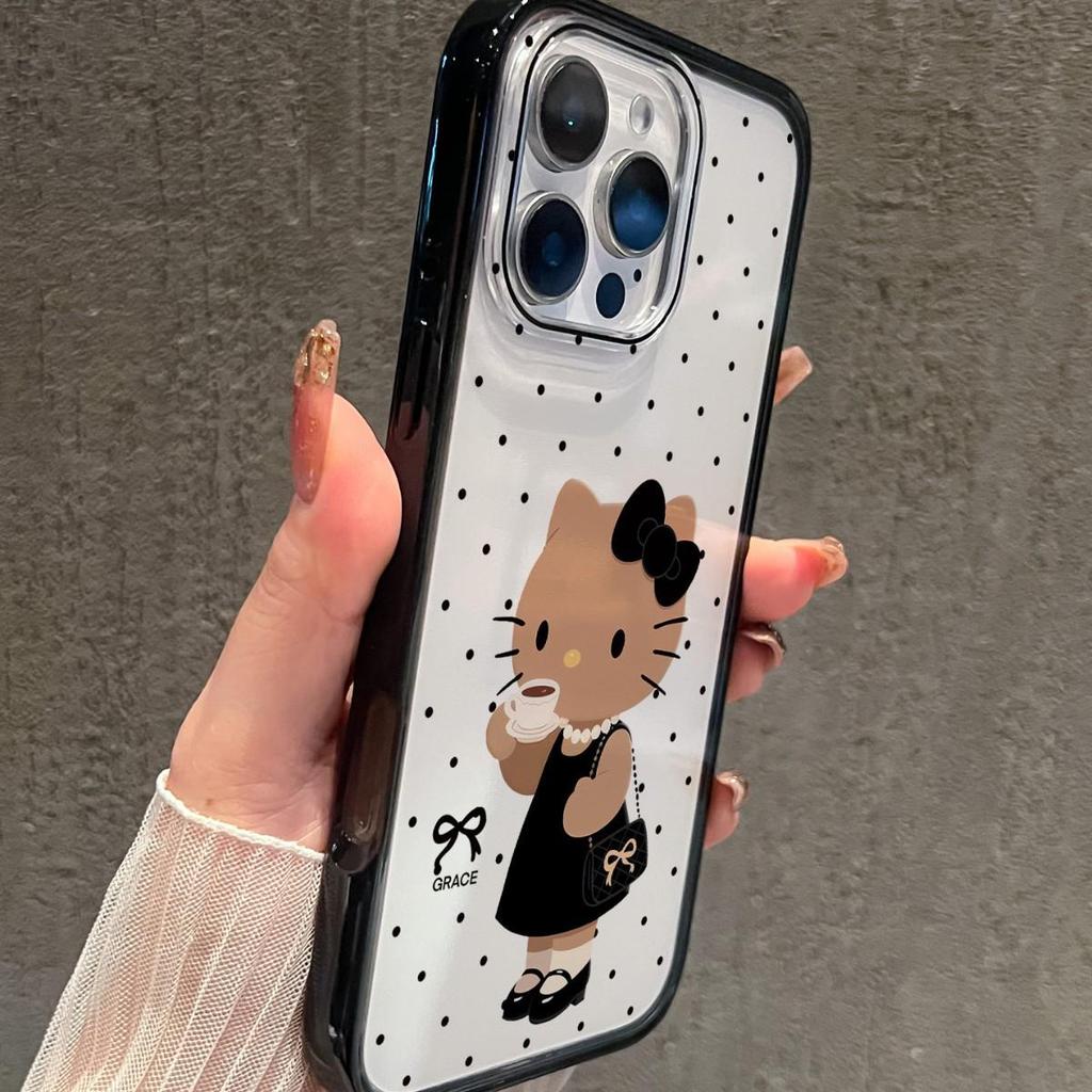 Coffee Kitty Transparent Phone Case for Apple 17ProMax, 16ProMax, 17Pro, 15, 14 with Black Edge - Cute Design