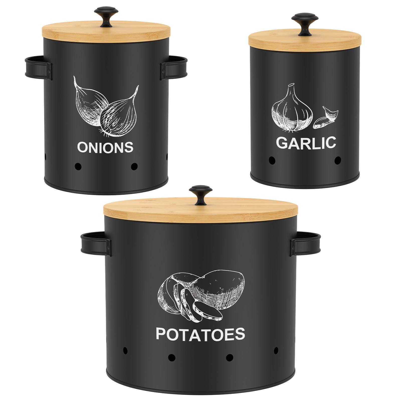 

3Pcs Vegetable Storage Tin with Bamboo Lid Stackable Potato Onion Garlic Jar with Ventilation Hole Cylindrical Kitchen Canister