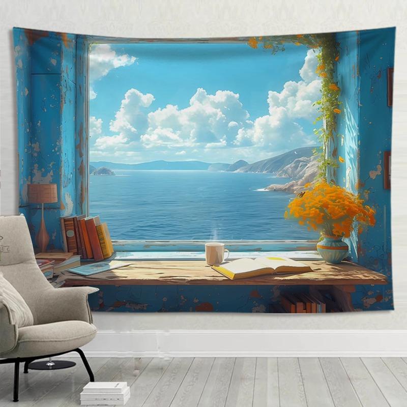 Hanging Wall Tapestry with Quiet Scenery by the Sea, Coastal Decoration for the Living Room, Fabric Art Overlooking the Ocean for the Home, Inspired