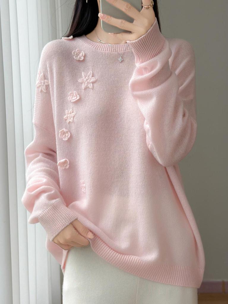 Women's Pure Wool Heavy Embroidery Knit Sweater - Autumn/Winter Loose Casual Round Neck Top
