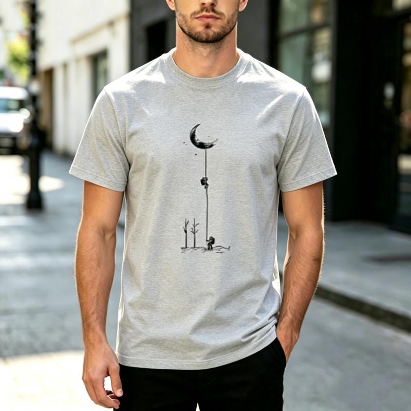 Harajuku Trendy Graphic Crew Neck T Shirt Minimalist Moon Climb Art Print Short Sleeve Tee Cotton Casual Unisex Unisex Streetwear