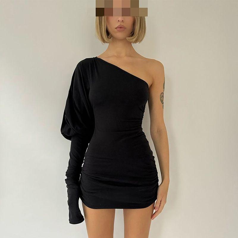 

Fashion Pure Color Fancy Slant Shoulder Long Sleeves Dress 2025 Spring New Arrival Sexy Ruched Slimming Hip Skirt Black L
