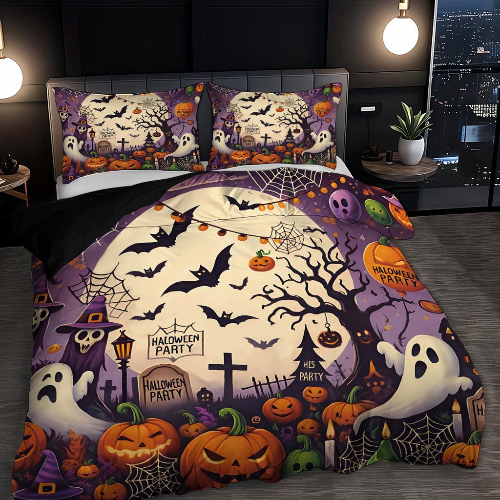 3-piece Halloween themed ghost, bat, and pumpkin patterned duvet cover set, 1 duvet cover+2 pillowcases, coreless