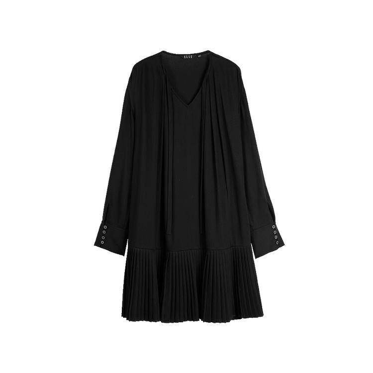 ELLE Solid Color Loose Mid-Length Wool Long Sleeve Dress Women dresses Black L7ALS041