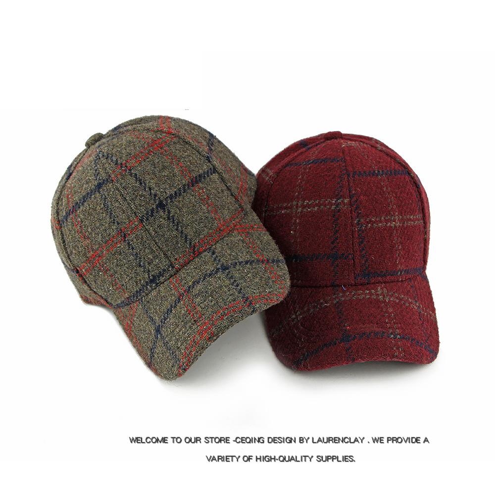 Autumn Winter Hat Men Women Wool Plaid Baseball Cap British Vintage Cap