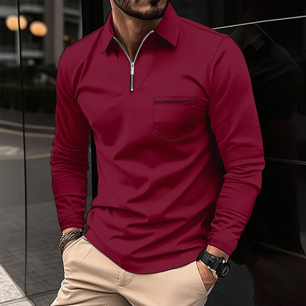 

Men s Spring Autumn Polo Shirt, Zip Pocket Long Sleeve Athletic Golf Shirt, Casual Sports Top S бордовий