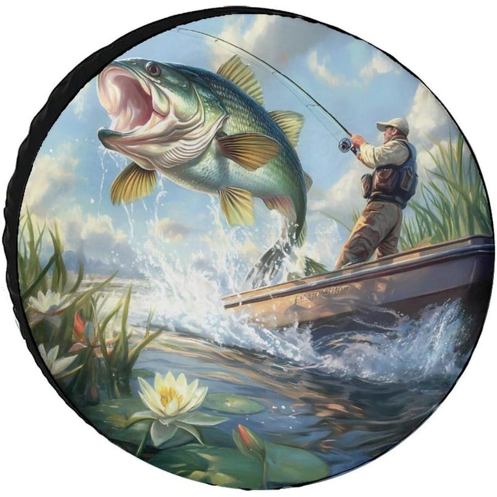 1pc Fishing Large Mouth Bass Fish Spare Tire Cover Weatherproof Wheel Protectors Universal Fit Automotive Accessories