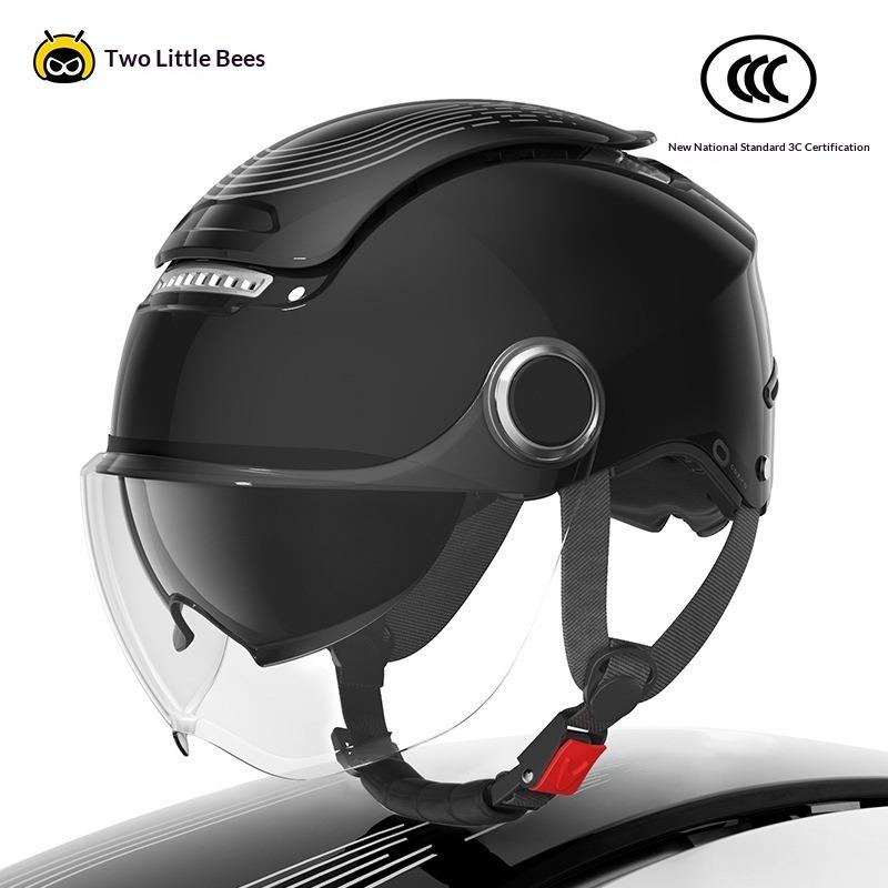 Two Little Bees New Battery Electric Car Half Helmet Four Seasons Summer Helmet Sun Protection Collision Protection Comfortable Hat [long tea lens]