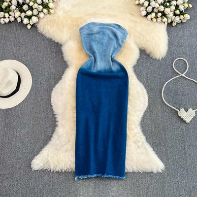 Mulheres primavera outono nova cor gradiente sem alças cintura emagrecimento comprimento médio jean pacote hip split vestido