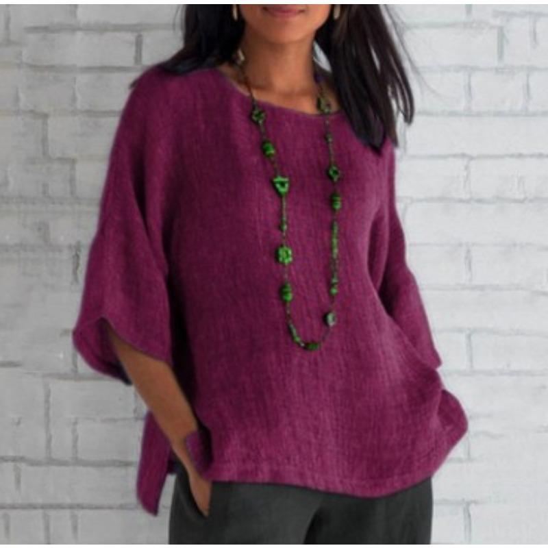 Seven Quarter Sleeve Round Neck Cotton Linen Solid Color Casual Women's Blouses & Shirts
