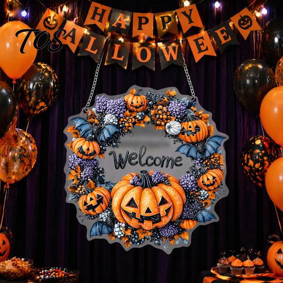 Festive Pumpkin Window Ornament Halloween Pendant Decoration with Hanging Chain Waterproof Acrylic Welcome Spooky Bat And Spider Web Decor Sign