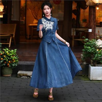 Frau Frühling Kragen Chinesischen Stil Stickerei Schnalle Retro Kleid Kurze Ärmel Vintage Casual Vintage Kleid