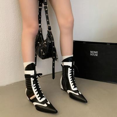 2025 New Lace-up Sports Boxing Boots Spice Girls Pointed Martin Boots Retro Color Matching Wedge Fashion Short Boots Women