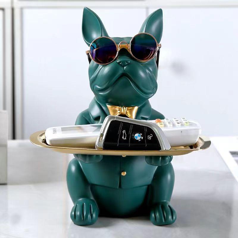 Nordic French Bulldog Sculpture Dog Figurine Statue Key Jewelry Storage Table Decoration Gift With Plate Glasses Ornaments