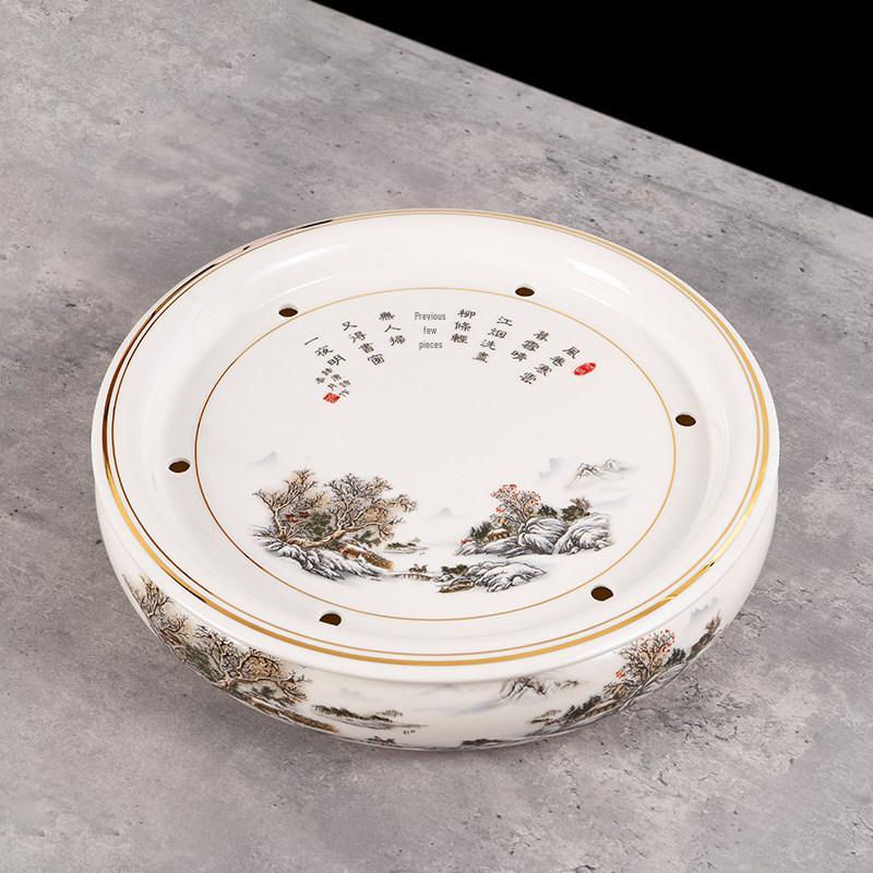 14-inch Ceramic Round Tea Tray for Gongfu Tea, with Double-Layer Water Storage