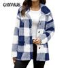 Winter Women's Plush Coat Long Sleeve Plaid Button with Pockets Loose Coat