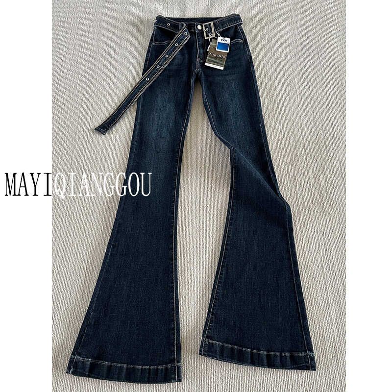 

175 Tall Long 180 Dark Blue Micro-Pull Denim Female Spring & Fall Elastic Silm High Waist Retro Bell-Bottom Pants Dark blue trousers S