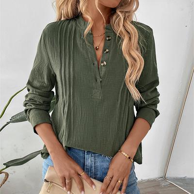 Herbst- und Winter-Knopf-V-Ausschnitt Einfarbiges Hemd Vielseitiger lässiger Pullover für Damen