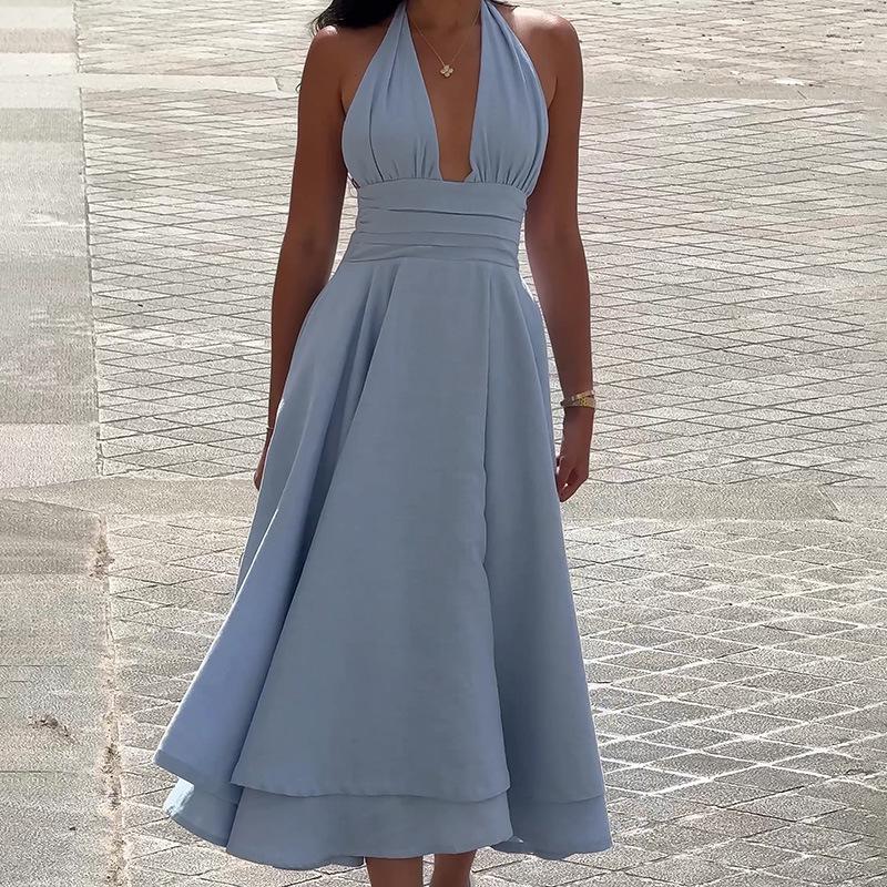 2026 Elegant Blue Halter Backless V-neck Waist-cinching Long Dress Medium