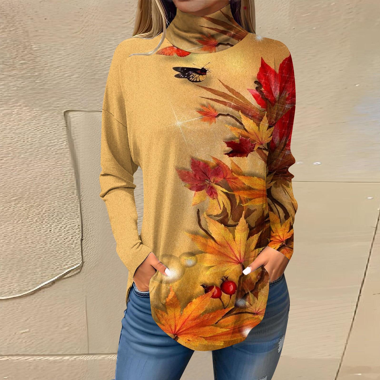 

Футболки для женщин, осенние повседневные рубашки с длинными рукавами, толстовка с винтажным принтом, топ с высоким воротом, пуловер XL жёлтый