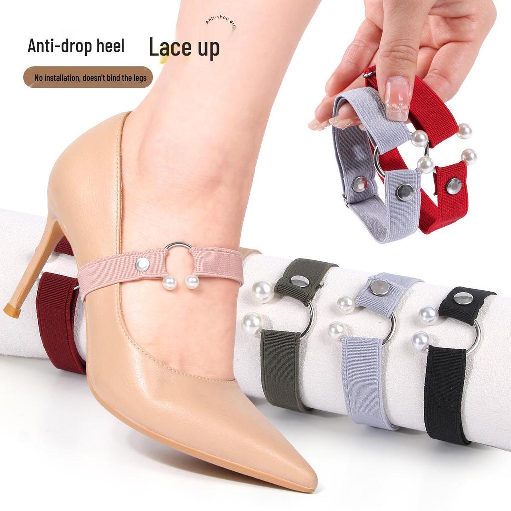 Adjustable U-Shaped Pearl High Heel Anti-Slip Elastic Shoelace Buckle Shoes
