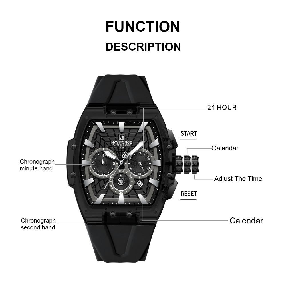 NAVIFORCE Original Men Sports Chronograph Watch Quartz Movement Silicone Strap 50m Waterproof Luminous Pointer Lightweight Men Casual Watch NF6113