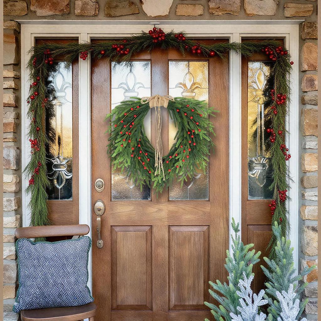 Yunhui Christmas Wreath with Red Berries and Bow – PE Norfolk Pine Greenery