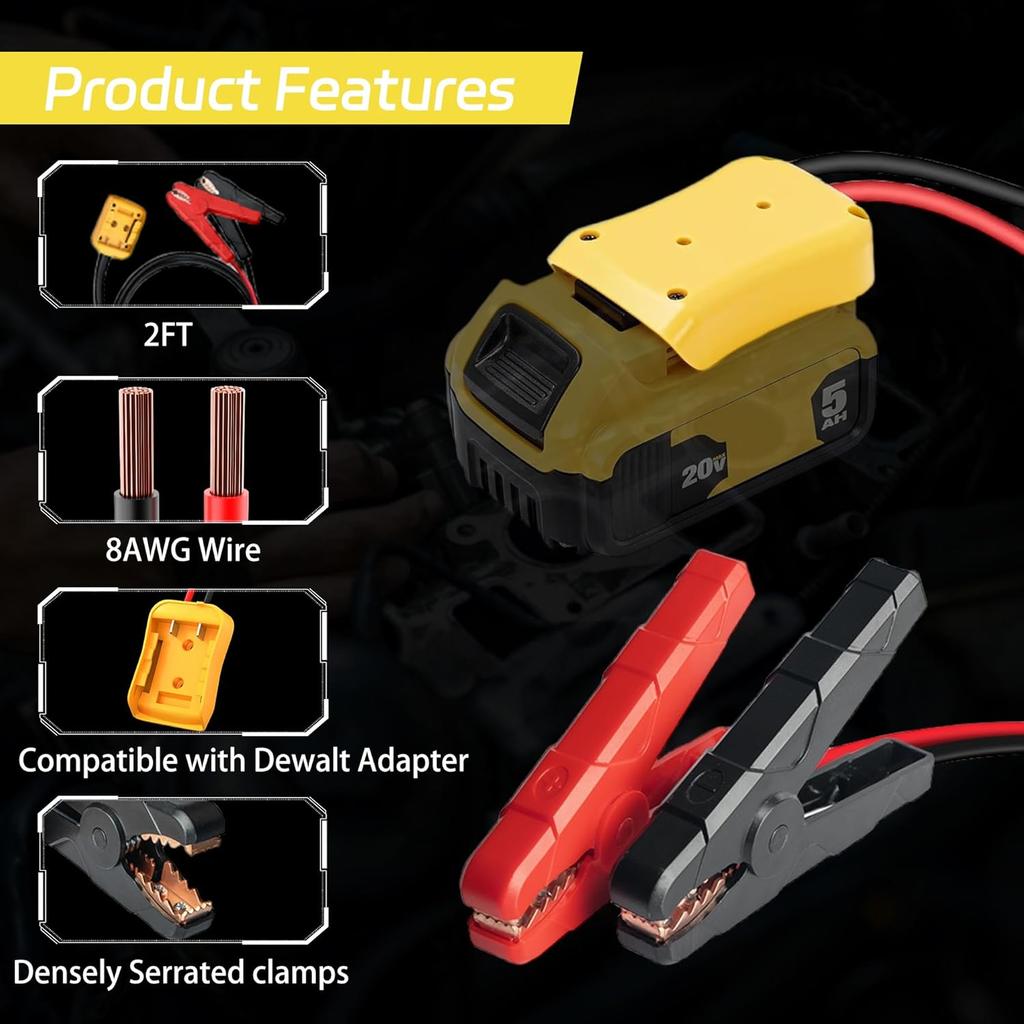 20V Jumper Cables Adapter For Dewalt- 2FT 8AWG Purple Copper, Large Clamps, Portable Battery Starter Auto Booster Cables For Cars/Lawn Mower/Tools,