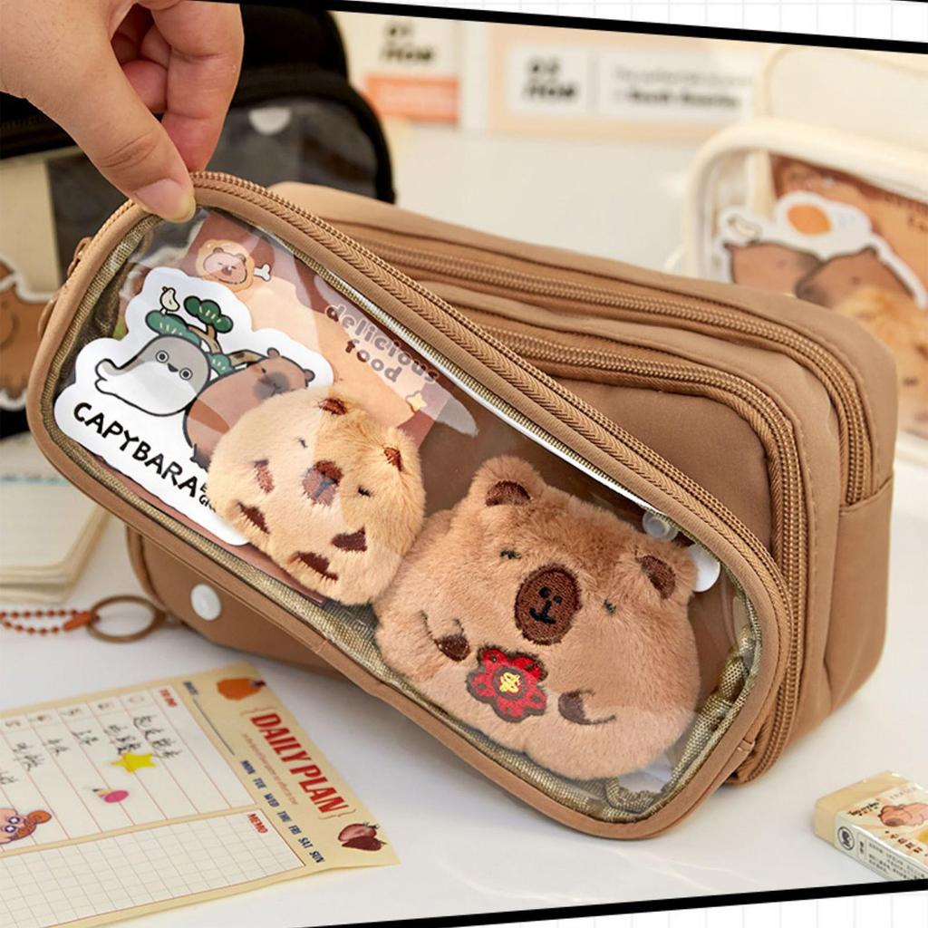 22x13x6cm Capybara Pencil Pouch 10 Compartment Transparent Pencil Pouch Wide Opening Mouth Pencil Pouch With Cute Pins Plush