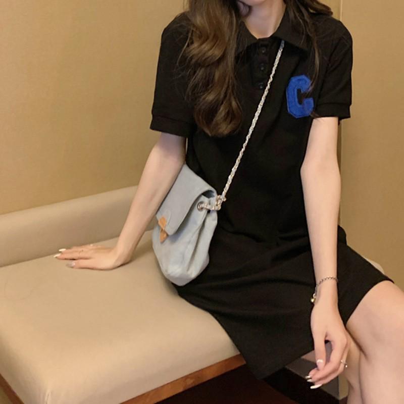 Women's Summer 2023 Slim A-Line Polo Collar Purple Dress with Short Sleeves