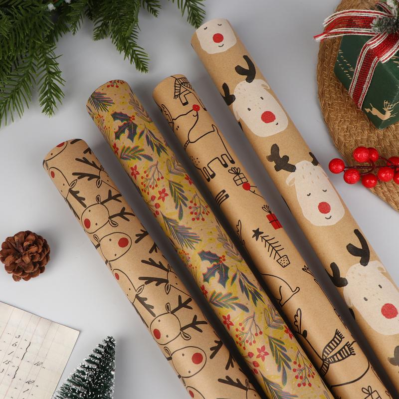 Christmas Gift Wrapping Paper Kawaii Cute Reindeer Wrapping Paper Kraft Paper Xmas Party Favors Decoration Handmade Gifts