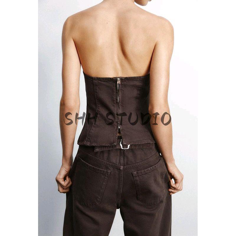 Denim Cotton Strapless Chest Wrap Top 0103060 Mid Waist Strap Decoration Width Jeans 0103011